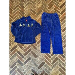 Merry & Bright Christmas Velour 2 Pc Tracksuit Sz Small Women Blue‎ Pants Jacket